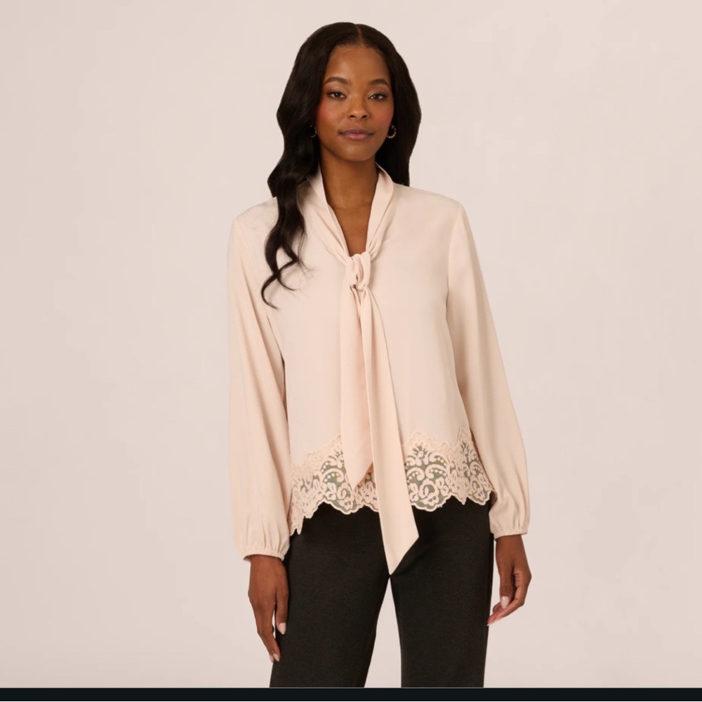 Adrianna Papell Cream Tie-Neck Blouse